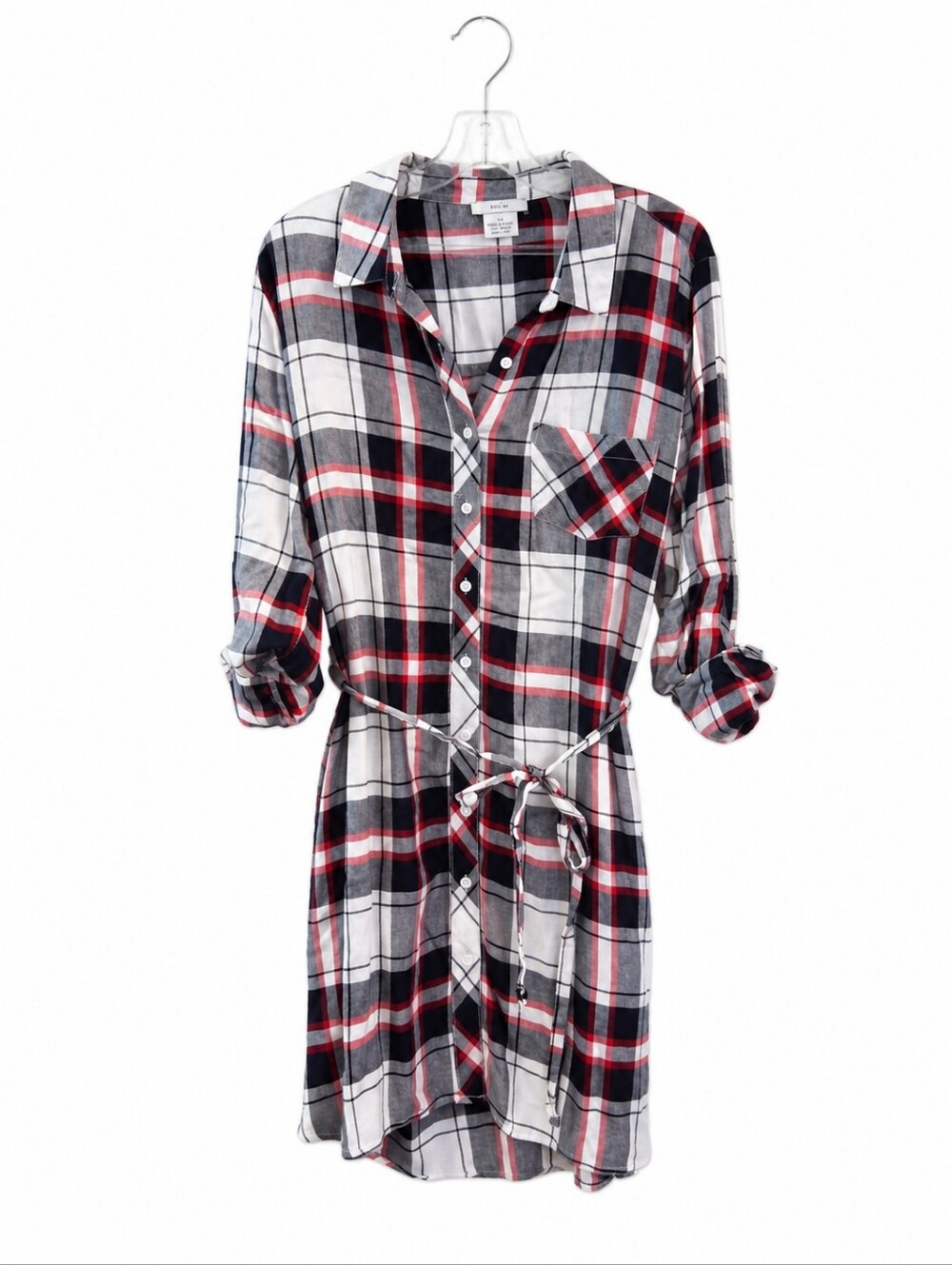 Bll nyc Plaid Button-Front Long Sleeve Shirt Dress in Navy, Red, White. - Picture 3 of 6